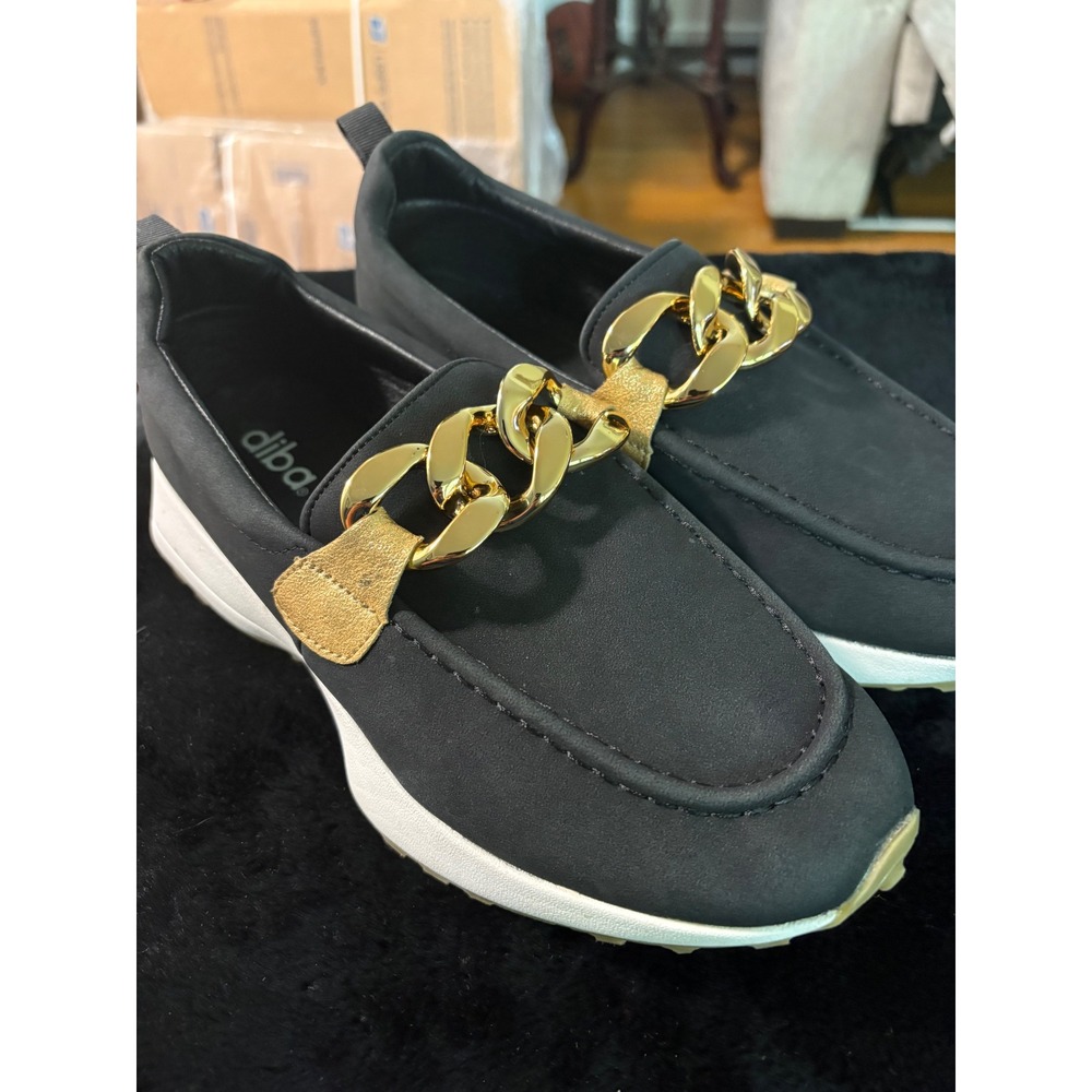 Diba True Kris Tea‎ Black Gold Chain Link Slip On Loafer Sneakers Womens 8.5M